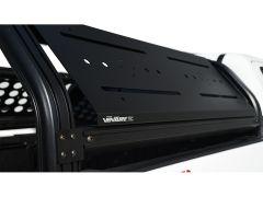 Close-up of a black metal mounting plate with horizontal slots, featuring the "Venture TEC" logo, mounted above the cargo area of a truck.