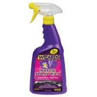 Bottle of "Wizards Mystic Spray Wax," purple with a yellow spray nozzle, featuring bold brand and product names on the label.

Transcribed Text:

WIZARDS
MYSTIC SPRAY WAX
Instant Bonding - Repels Water
DURABLE SPRAY WAX