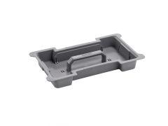 Gray plastic appliance part with handle.