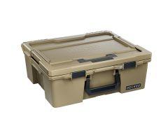 Tan storage container with black handle and DECKED logo.