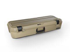 A tan, rectangular, hard plastic storage case with secure black latches and a handle. The lid features a subtle logo.