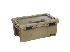Tan colored storage container with black latches and DECKED logo.