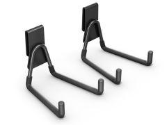 Two black, metal hooks with dual prongs and rectangular backing plates, designed for hanging items. They are shown against a white background.