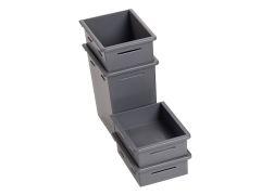 Stacked gray plastic storage bins.