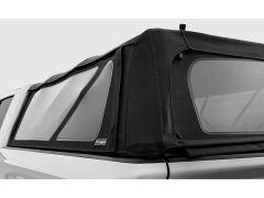 A pickup truck with a black soft top cover featuring transparent windows, showcasing the "OUTLANDER" branding on the fabric.