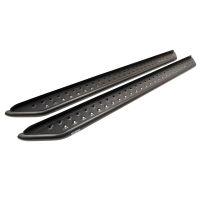 Two black metal running boards with triangular cutouts, designed for vehicles, positioned parallel to each other.
