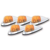 Five orange vehicle roof lights arranged in a triangular pattern with chrome bases.