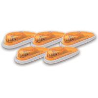 Five amber indicator lights with glossy surfaces, arranged closely together on a white base.