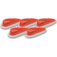Five red triangular clearance lights with white bases arranged in a row.