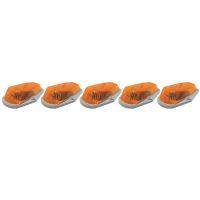 Five identical amber lights with ribbed orange lenses and gray bases arranged in a row against a white background.