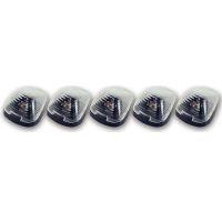 Five identical automotive light covers displayed in a row, featuring clear domes and black bases.