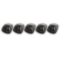 Five black vehicle components with transparent lenses arranged in a row against a white background.