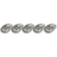 Five identical clear automotive light lenses arranged in a horizontal line on a white background.