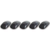 Five identical black lights with transparent lenses arranged in a row.