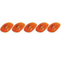 Five identical orange lights lined up horizontally against a white background.