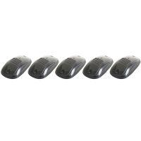 Five black, oval-shaped objects with glossy surfaces and horizontal grooves, arranged in a line.