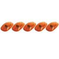 Five identical orange light covers arranged in a horizontal line, with small black components visible through transparent sections.