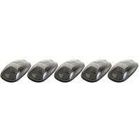 Five identical oval-shaped, transparent objects arranged in a row, each with a textured grip base and a small emblem.