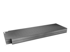 A thick stack of gray interlocking foam mats is showing against a white background. The textured surface features a subtle puzzle pattern.