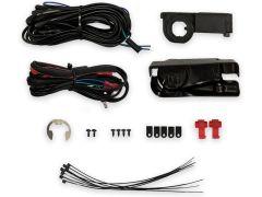 A collection of automotive wiring components, including wire bundles, a black plastic casing, screws, a C-clip, red connectors, and zip ties arranged on a white background.