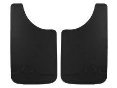 A pair of black rubber vehicle mud flaps with a mountain peak design at the bottom.