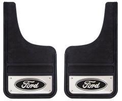 A pair of black rubber mud flaps with a textured surface and a silver plate displaying the "Ford" logo.