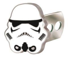 A white Stormtrooper helmet-shaped hitch cover with black details and a silver hook for attachment.