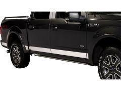 Side view of a black Ford F-150 pickup truck with a stainless steel stripe along its lower body and all-terrain tires.
