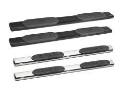 Four vehicle running boards, two black and two chrome, with textured rubber pads for grip, arranged in two vertical pairs.