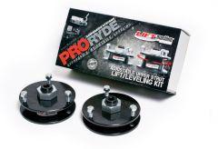 Adjustable upper strut lift/leveling kit from ProRyde, including two black suspension components and a promotional box displaying product information.