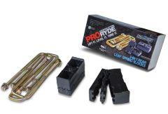 Suspension system accessory kit featuring metallic leaf spring shackles and black adjustment blocks, with a labeled product box displaying "PRORYDE."

Transcribed Text:

PRORYDE
LIFT IT. LEVEL IT. TUNE IT.
3-IN-1 REAR LEAF SPRING BLOCKS