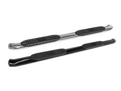 Two vehicle side steps: one chrome with rubber pads on top, and one matte black with similar pads below.