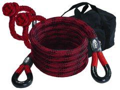 Coiled red and black braided rope with two rubber-looped ends next to a black storage bag.