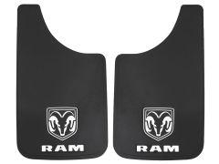 A pair of black RAM automotive floor mats featuring a ram logo and the word "RAM" in white.