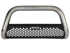 Front bumper guard with a chrome tube and a black perforated metal lower section, featuring a "Go Rhino" logo.