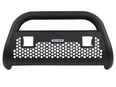 Black metal grille guard with hexagonal cutouts and a "GO RHINO" logo, designed for vehicle protection.