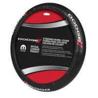 Steering wheel cover for Dodge vehicles, featuring a black exterior and red interior with the "DODGE" logo and silver accents.