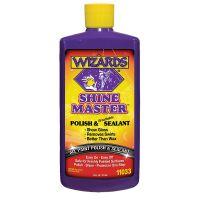 A purple bottle of "Wizards Shine Master" polish and sealant with a yellow cap, featuring bold text on an orange label that highlights its benefits for paint surfaces.

Transcribed Text:

WIZARDS
SHINE MASTER
Breathable
POLISH & SEALANT
Show Gloss
