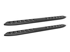 Two black vehicle running boards with textured surfaces and rectangular cutouts, positioned parallel to each other.