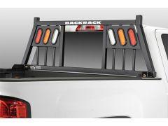 Black headache rack with red, orange, and white lights on a white truck.