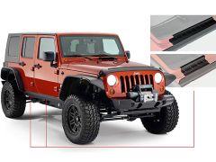 Red Jeep Wrangler with black trim and close-up of side step.