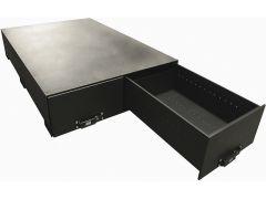 A black metal storage unit with a flat top and an open drawer on the front-left side.