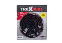 Packaging for TRUXSEAL Universal Tailgate Seal featuring a coiled black seal with product details in red, white, and yellow.

Transcribed Text:

TRUXSEAL Universal Tailgate Seal Keeps the dust and moisture out Easy to install One size fits several mak
