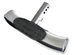 A Pro Traxx 5 Hitch Step with a chrome finish and textured black rubber pad, designed for vehicle hitches.