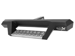 A black stainless steel hitch step with perforated surface and "HDX" branding.
