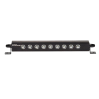 A horizontal black LED light fixture with eight circular lenses, designed for installation.