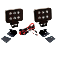 A pair of rectangular black LED lights with five bulbs each, accompanied by wiring and mounting brackets.