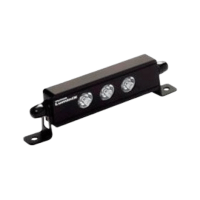 A black rectangular light fixture with three clear LED bulbs, designed for surface mounting.