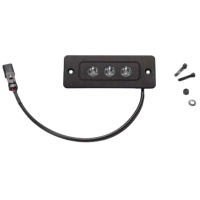 A black rectangular mounting bracket with three circular openings for LED lights and a connecting wire, accompanied by screws and a washer.