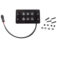 Black rectangular LED light assembly with six lenses, connected by a wiring harness. Surrounding hardware includes screws and washers.